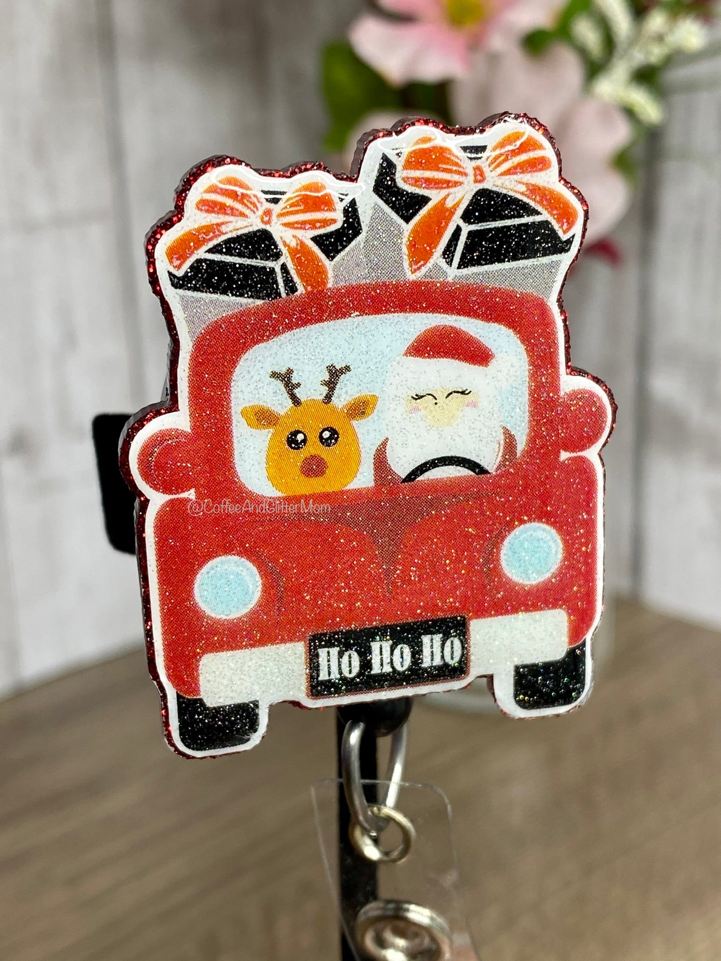 Santa and Reindeer Truck Badge Reel