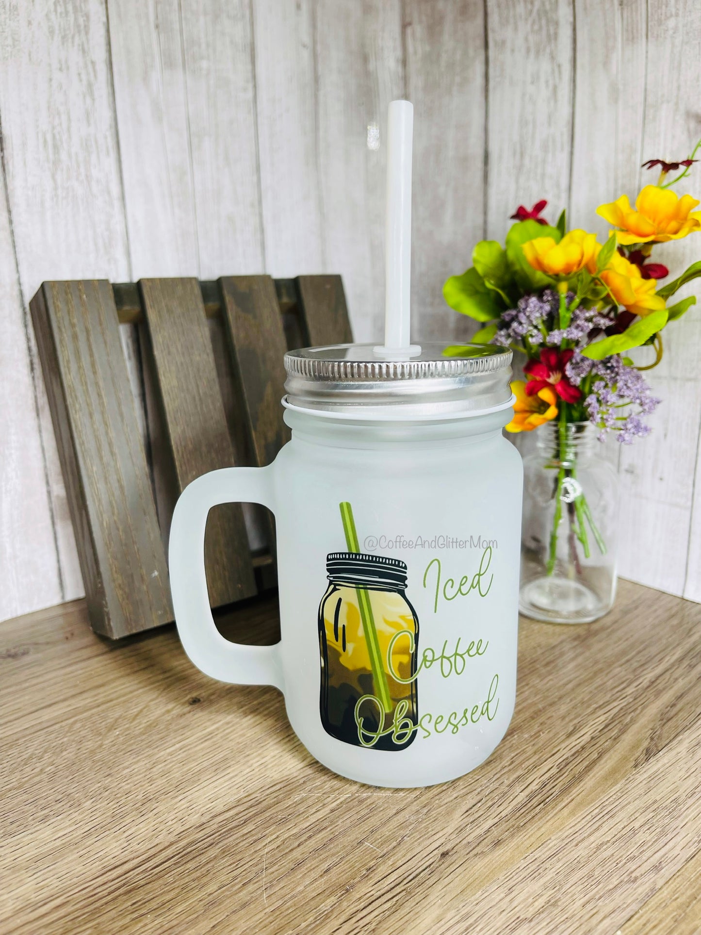 Buy Flower Mason Jar Cup With Handle, Iced Coffee Cup With Lid