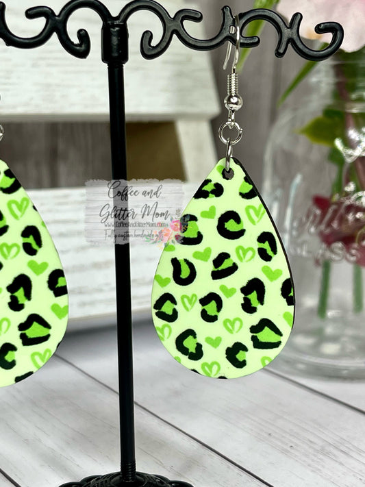 Green Leopard Heart Earrings