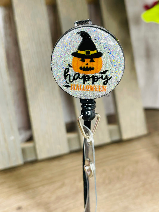 Happy Halloween Pumpkin Silver Holographic Badge Reel