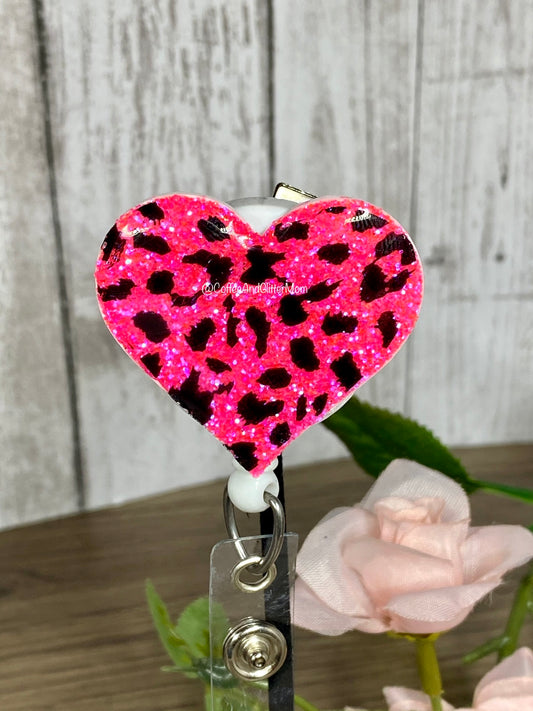 Cheetah Print Pink Heart Badge Reel