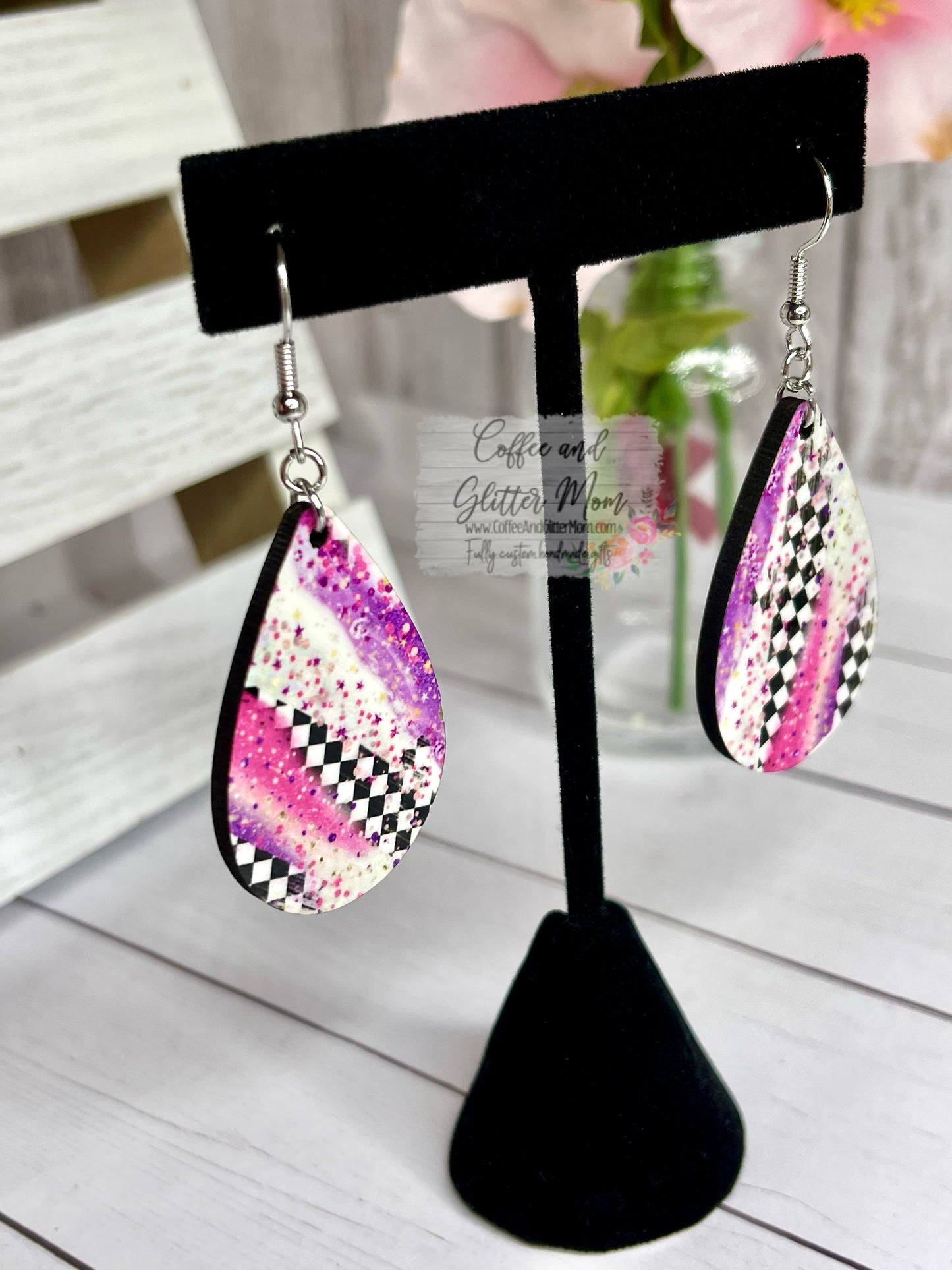 Pink Checkered Teardrop Earrings