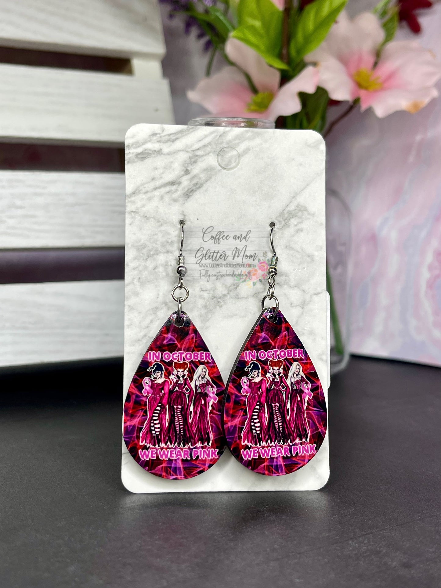 In October We Wear Pink Sanderson Witches Halloween Earrings