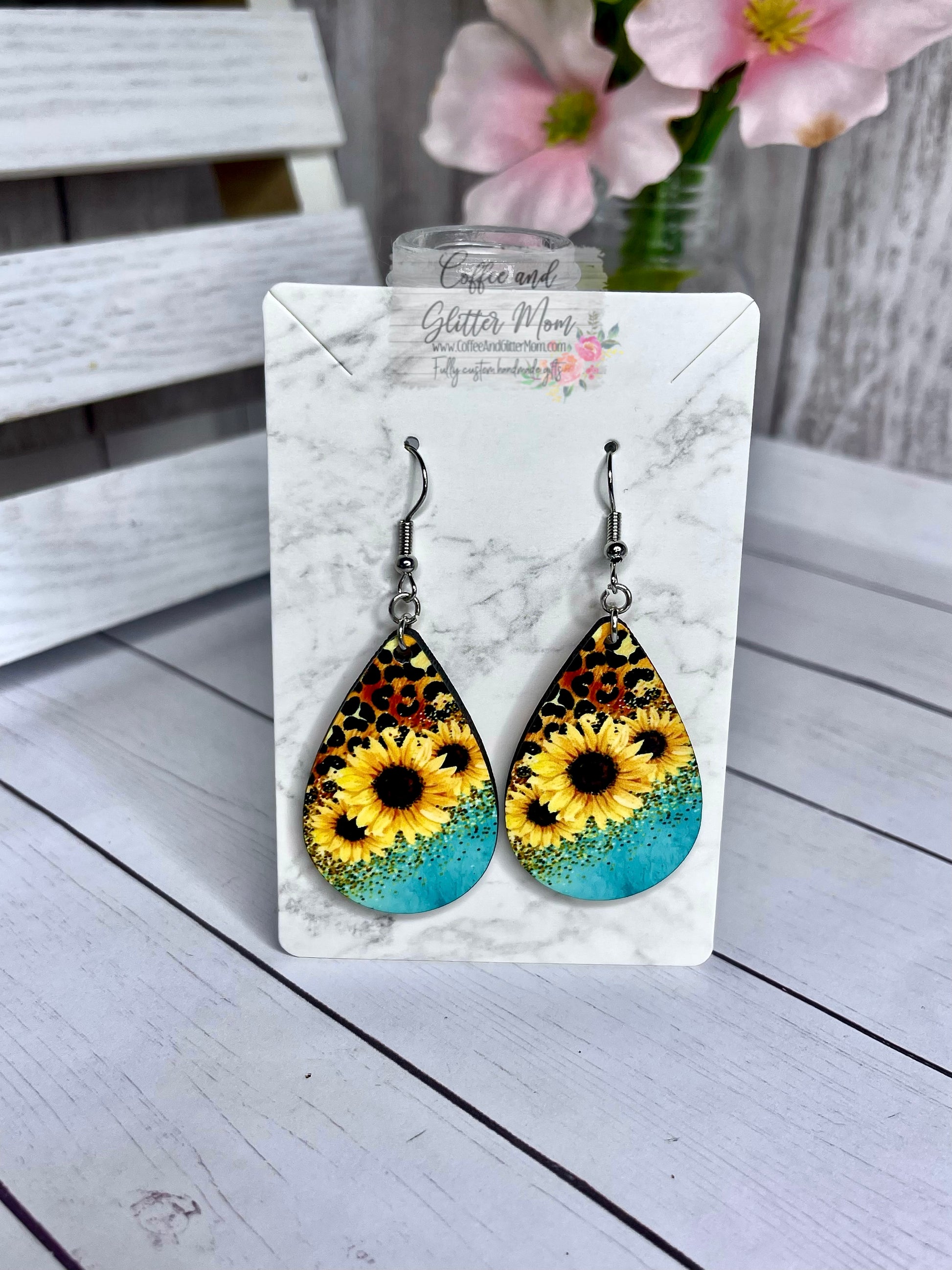 Teal Sunflower Animal Print Teardrop Earrings
