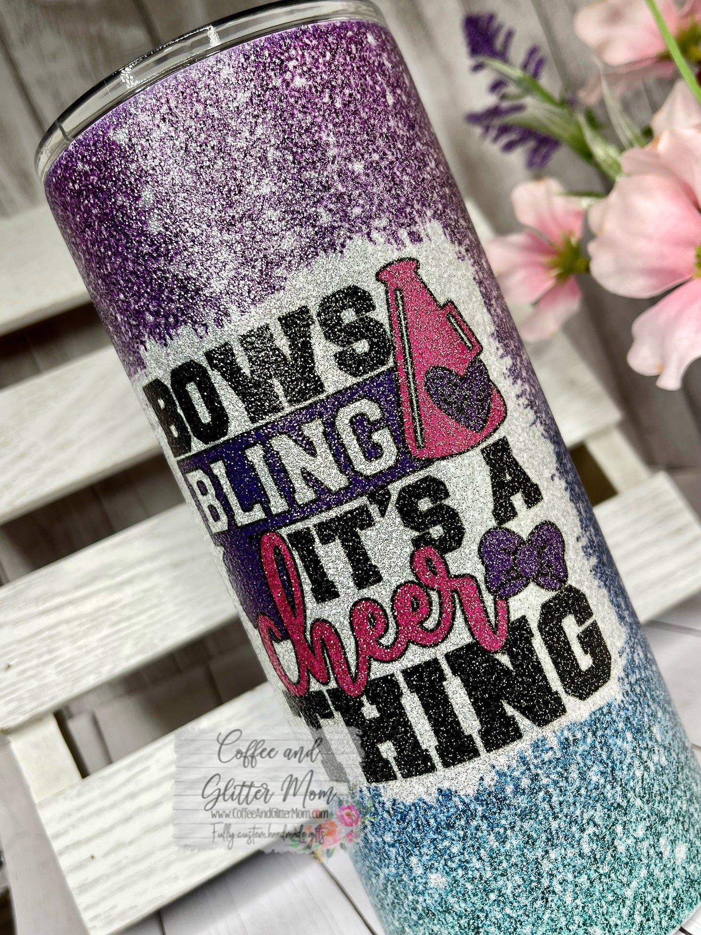Bows And Bling Cheer Thing 15oz Silver Glitter Skinny Tumbler