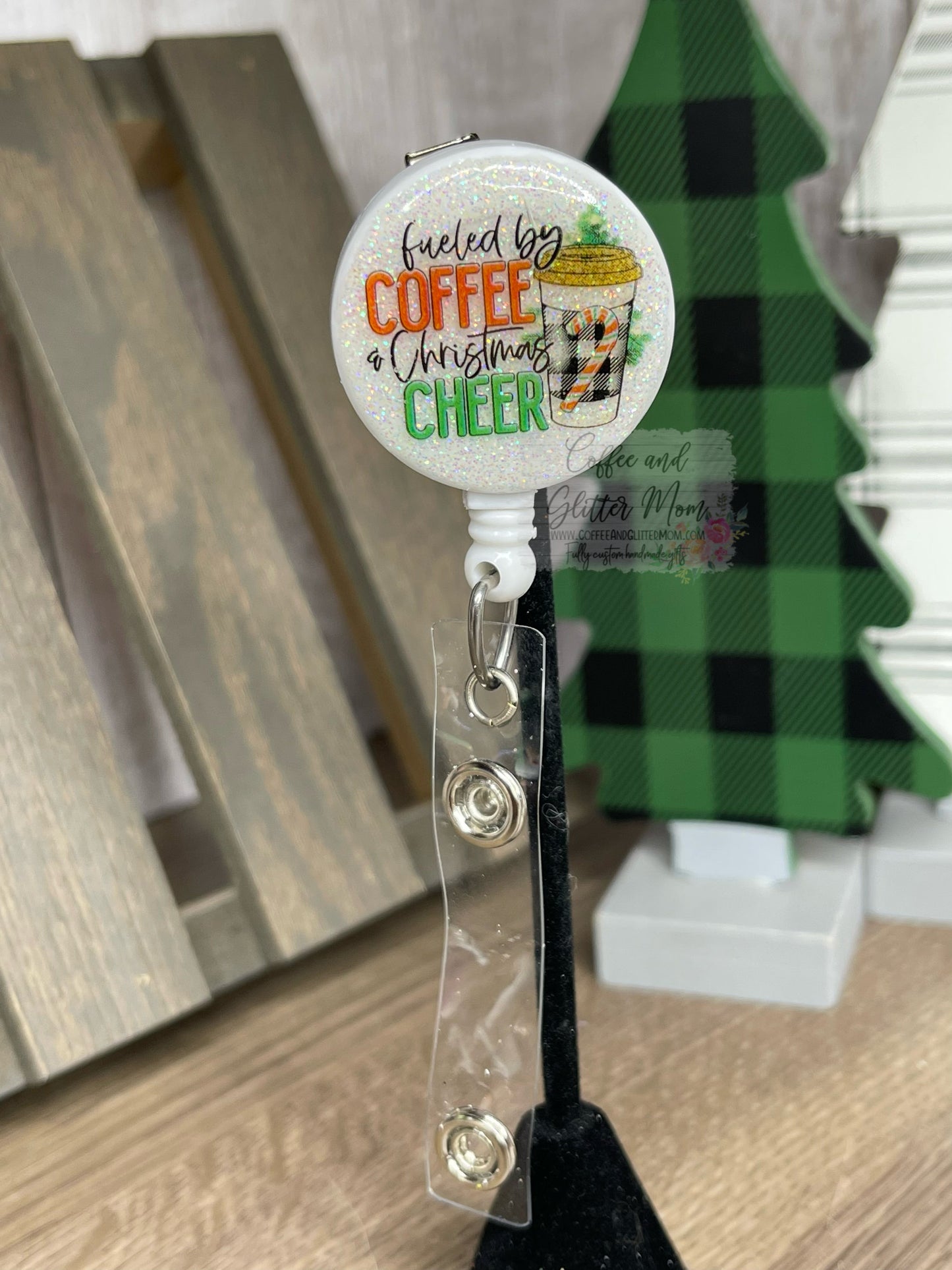 Fueled By Coffee and Christmas Plaid Badge Reel