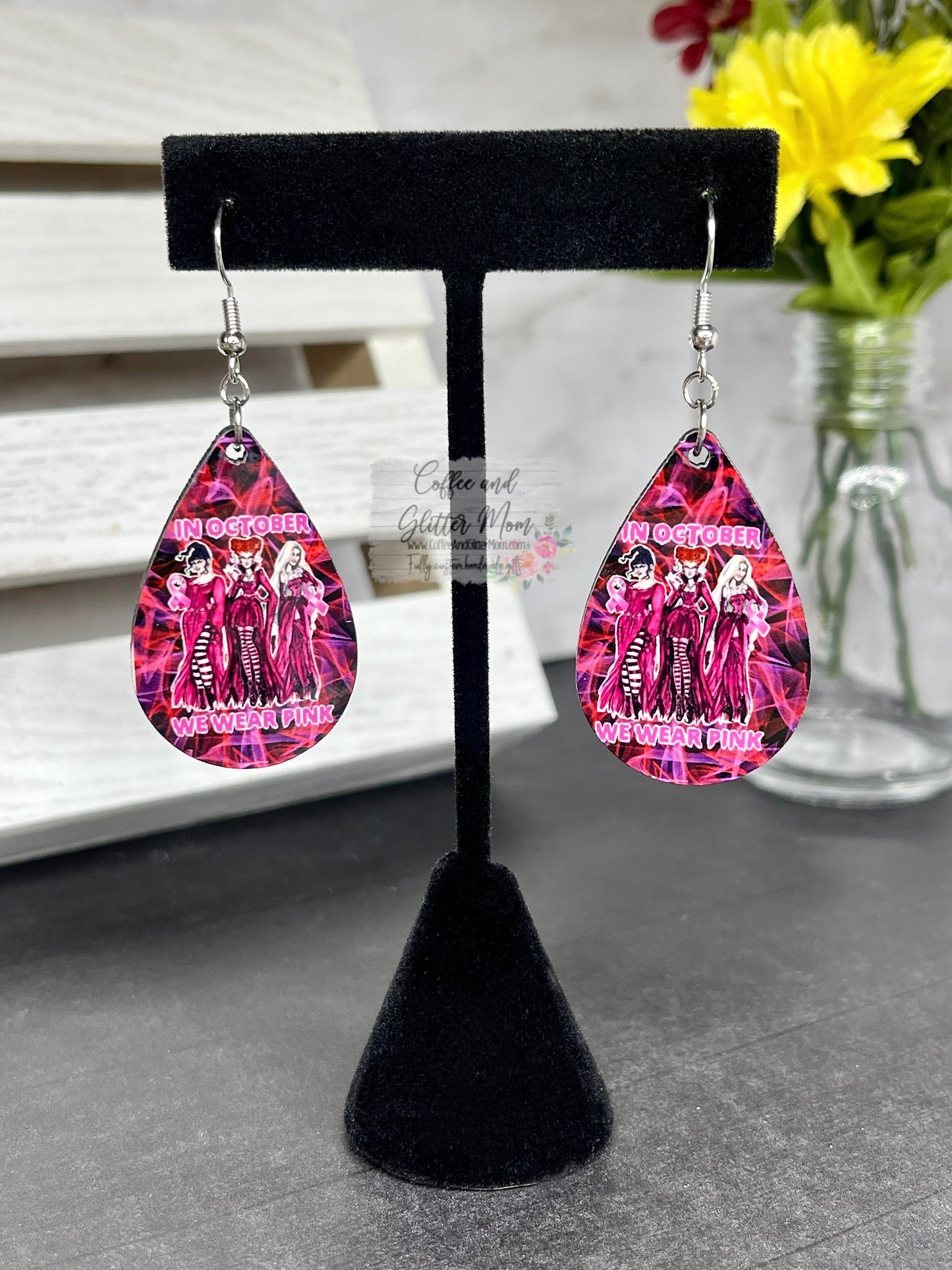 In October We Wear Pink Sanderson Witches Halloween Earrings