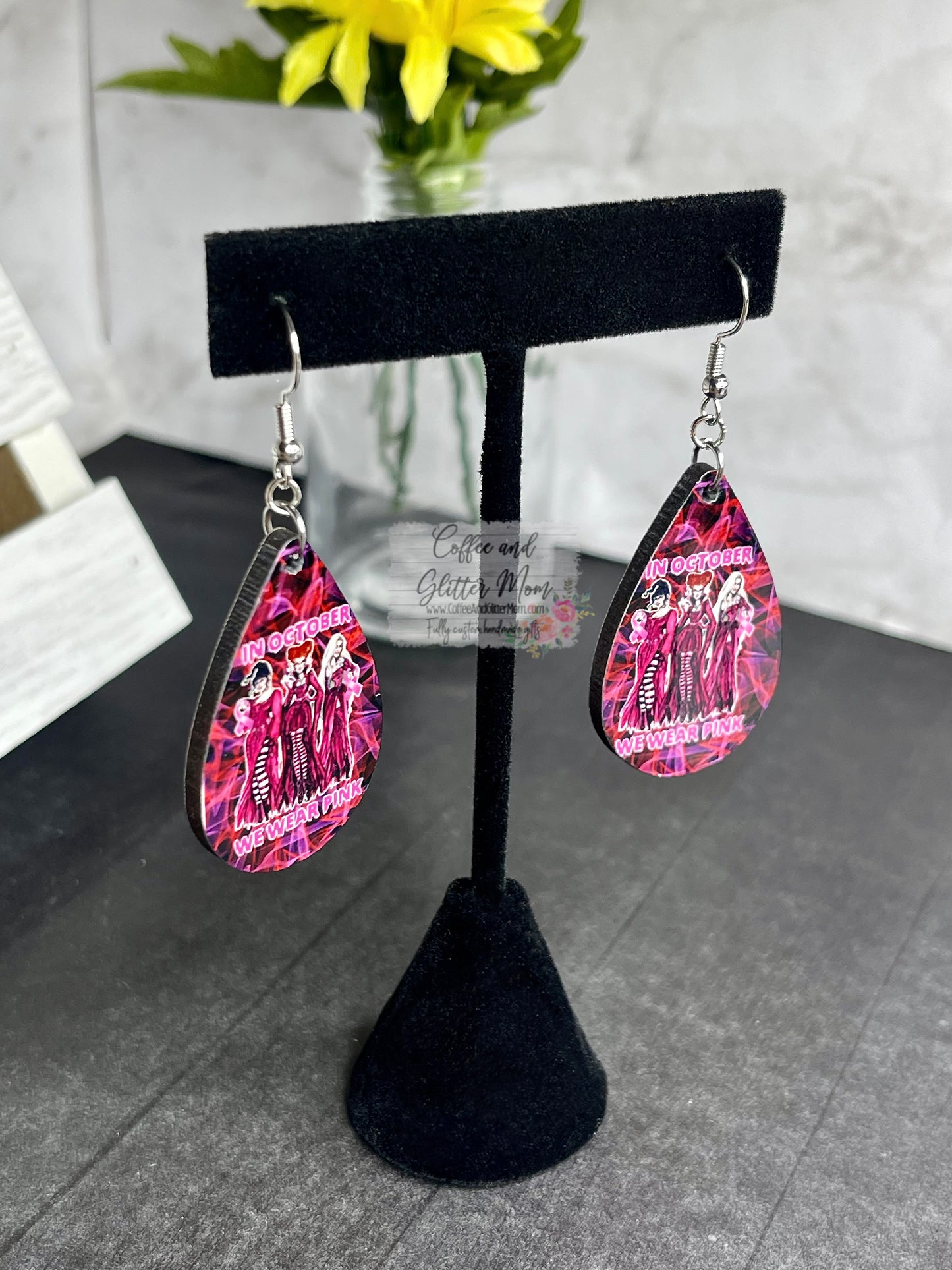 In October We Wear Pink Sanderson Witches Halloween Earrings