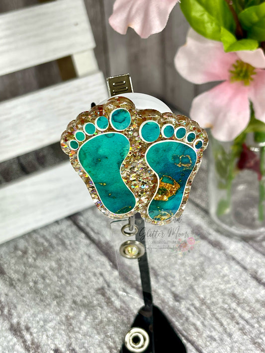 Emerald and Gold Marble Feet Badge Reel