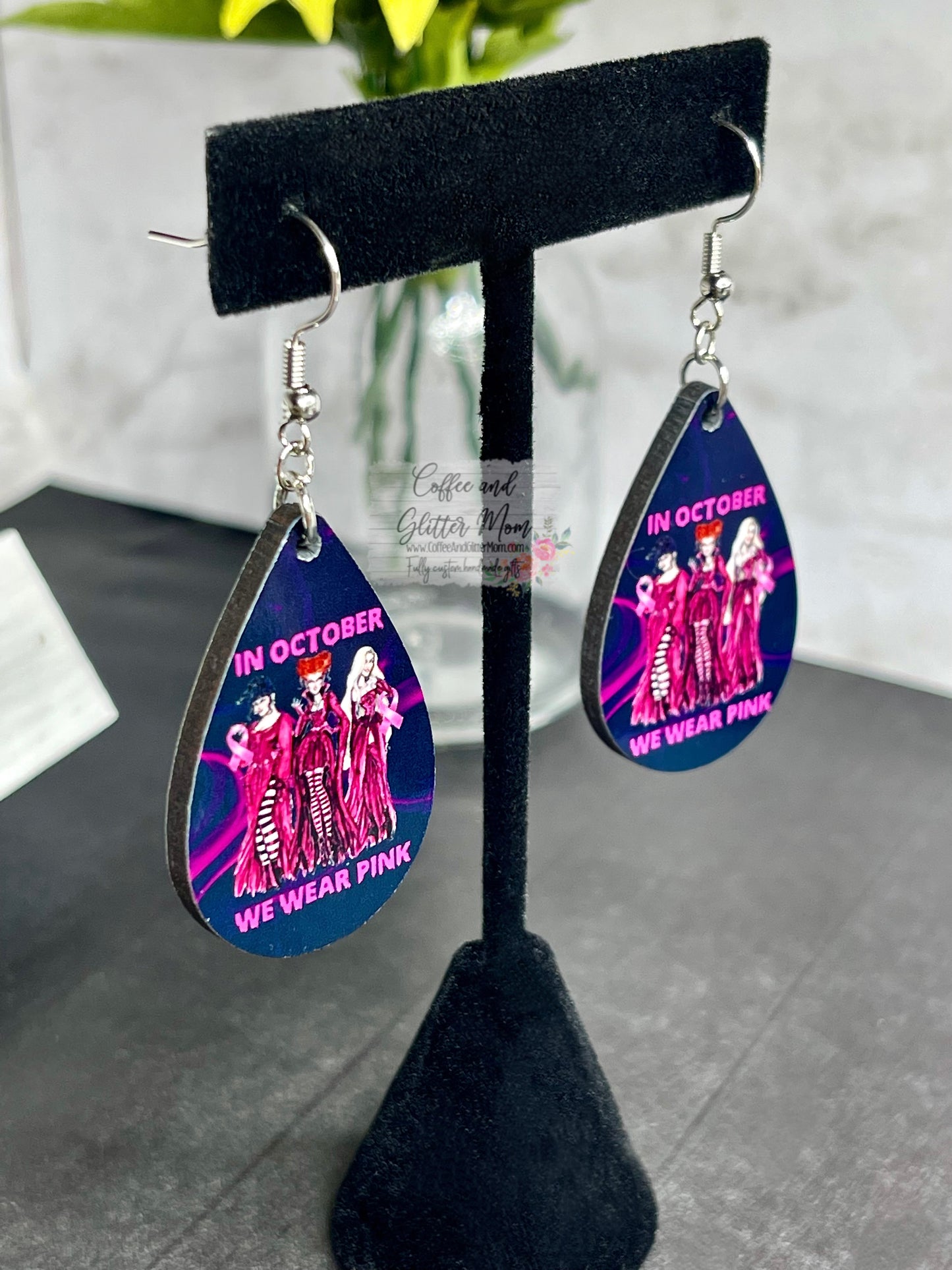 In October We Wear Pink Sanderson Witches Halloween Earrings