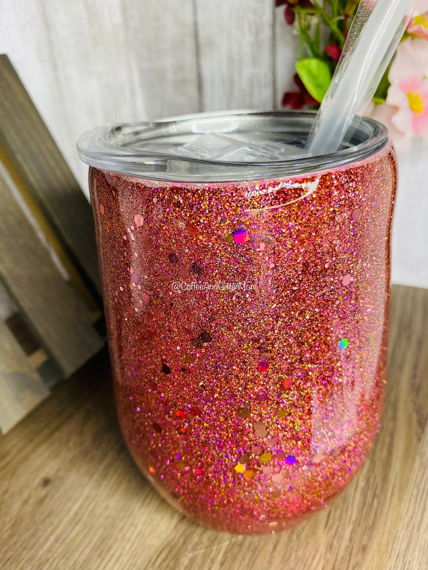 Holographic Rose Gold 15oz Wine Tumbler with Lid and Straw