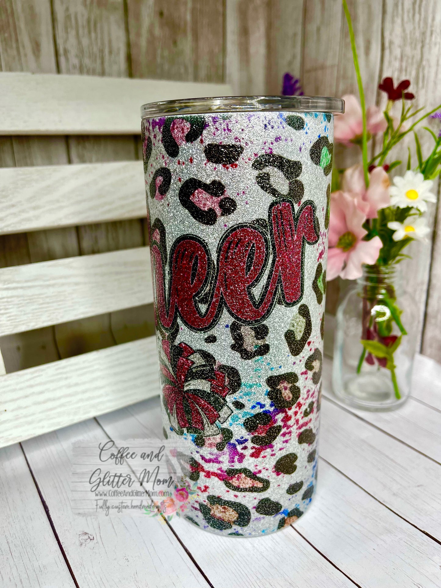 Animal Print Pink Cheer 15oz Silver Glitter Skinny Tumbler