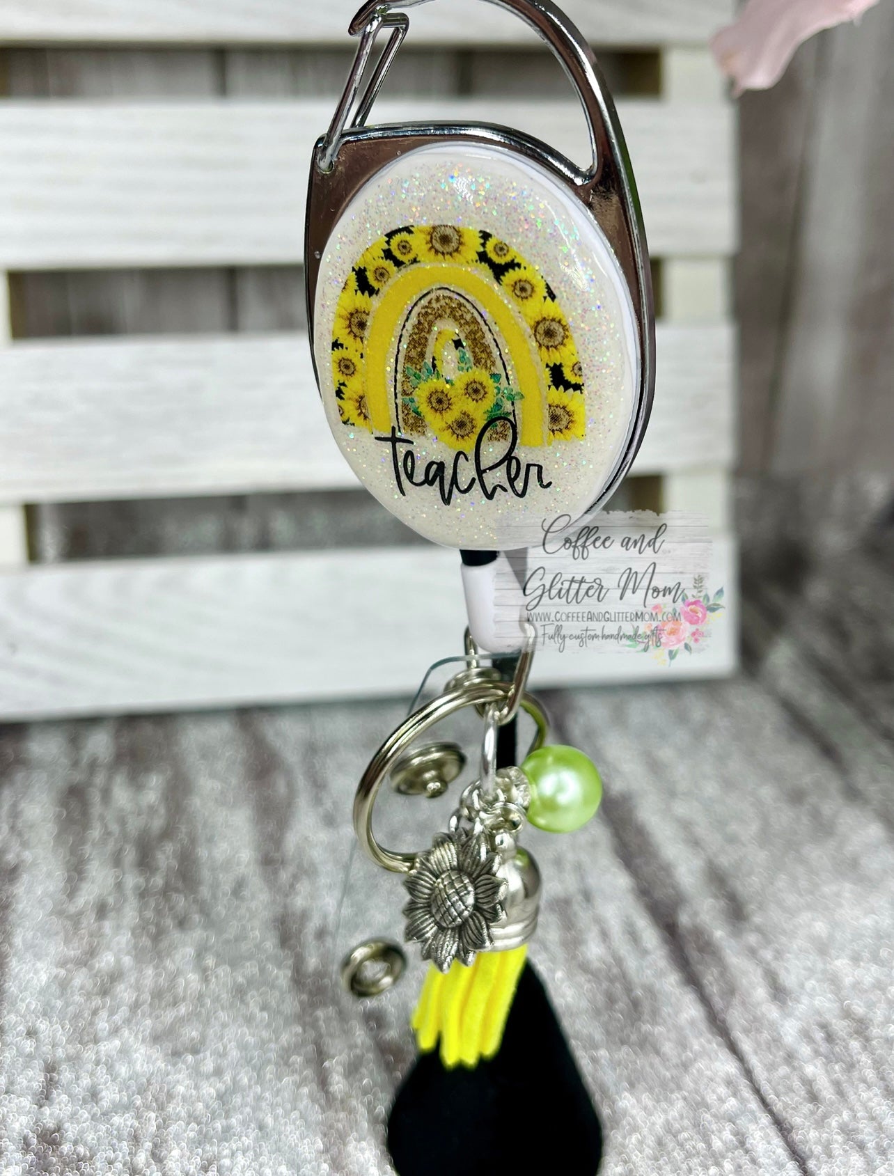 Sunflower Teacher Rainbow Clip On Retractable Key Ring