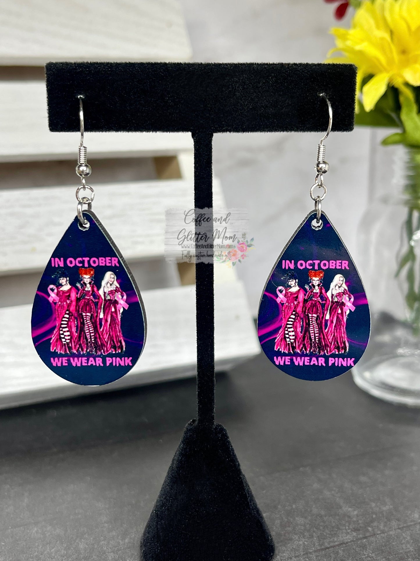 In October We Wear Pink Sanderson Witches Halloween Earrings