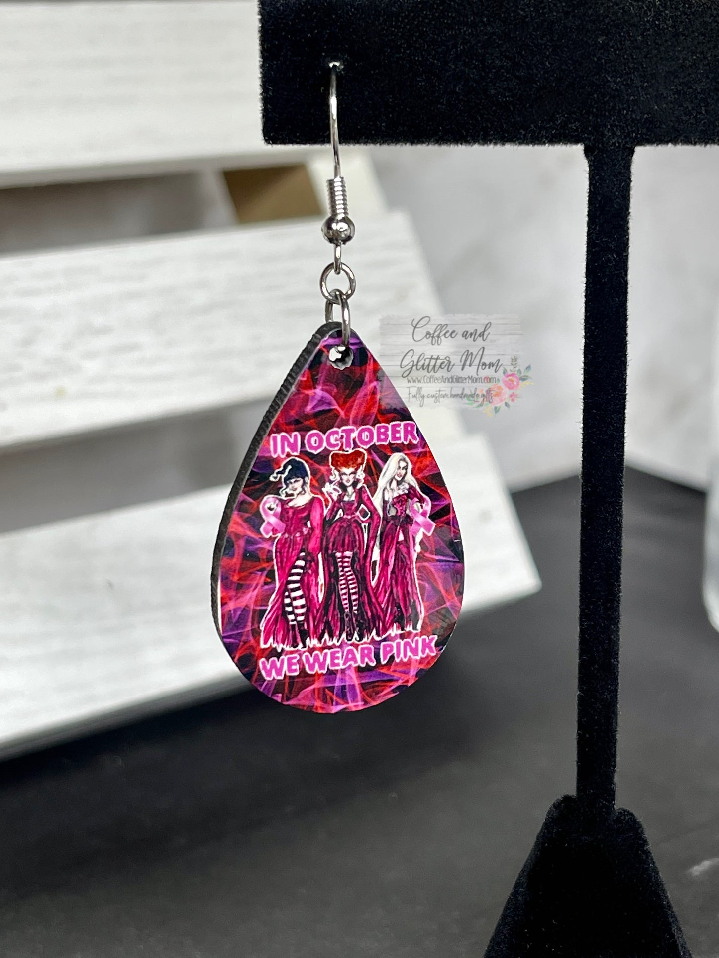 In October We Wear Pink Sanderson Witches Halloween Earrings