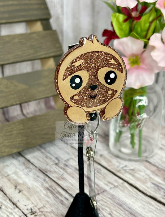 Light Brown Sloth Face Badge Reel